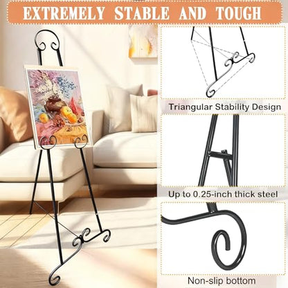 46" H Adjustable Metal Display Easel - Vintage Black Scroll Design, Rust-Proof Metal Stand for Showcasing Pictures, Artlork, Picture Frame and Wedding Signs