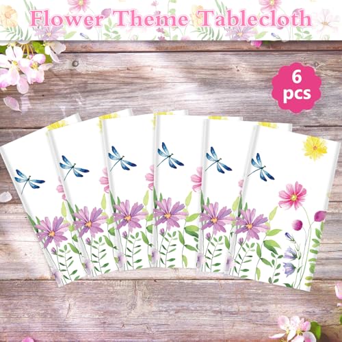 6 Pack Spring Floral Tablecloth Wild Flowers Table Cloth Plastic Spring Floral Table Cloth Flower Disposable Table Cover for Flower Wedding, Babyshower, Birthday Party Decorations 51 x 86 Inches