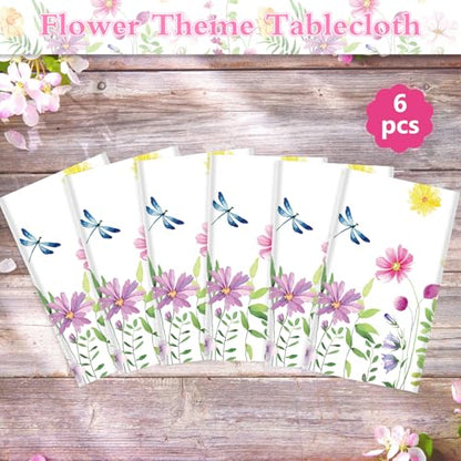 6 Pack Spring Floral Tablecloth Wild Flowers Table Cloth Plastic Spring Floral Table Cloth Flower Disposable Table Cover for Flower Wedding, Babyshower, Birthday Party Decorations 51 x 86 Inches