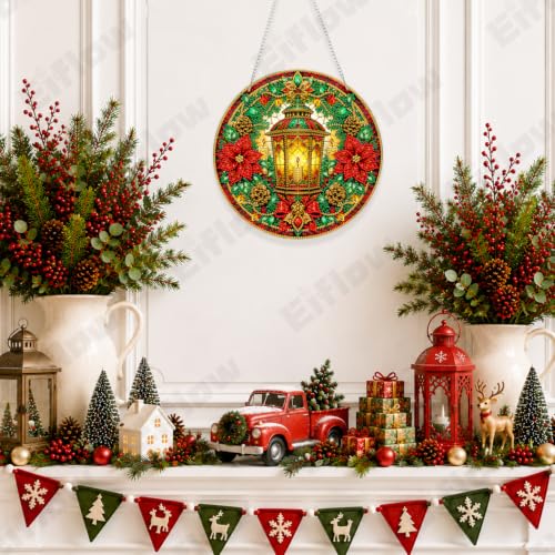 Eiflow Acrylic Diamond Art Hanging Kit for Adults Christmas Lantern, DIY Diamonds Painting Door Hanger Board Kit, Special Crystal Diamond Art Painting Pendant Ornament - color: Lantern