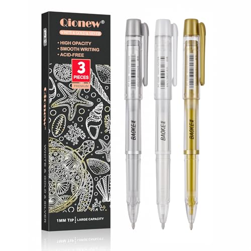 Qionew 3 Colors Gel Pen Set-Gold Silver and White Gel Pens,1mm Gel Ink Pen | 3 Pack, Fine Point White Gel Pens, Opaque Archival Ink Pens, Art Highlight, Black Paper Drawing, Illustration, Card Making - size: 1 Count (Pack of 3), style: White, Gold and Sil