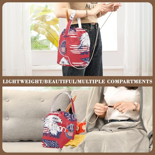 American Flag Bald Eagle Red Yarn Bag Small Crochet Bag Drawstring Yarn Storage Organizer Knitting Project Bags Potable Yarn Holder with Holes Handle Crocheting Needles Knitting Accessories - color: American Flag Bald Eagle Red