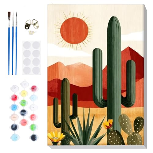 Bowetile Framed Paint by Numbers Desert Kit for Adults, Adults' Paint-by-Number Kits on Canvas, Painting by Numbers Sunset, Acrylic Cactus Number Painting Gifts for Home Wall Decor, 8x12in - color: Desert, Sunset, Cactus