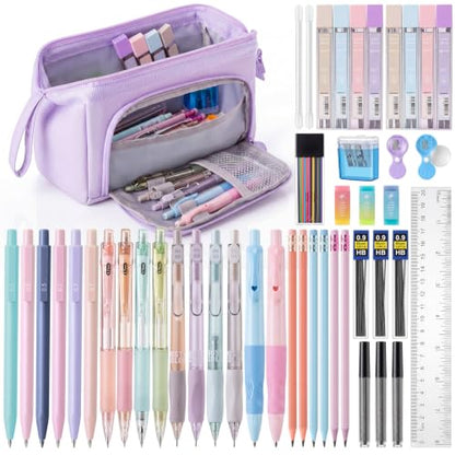 Eersida 47 Pcs Aesthetic School Supplies with Cute Pen Case, Mechanical Pencils 0.5mm, 0.7mm, 0.9mm & 2.0mm with Leads and Eraser Refills, Wood Pencils #2, for Writing, Drawing & Drafting(Purple) - color: Purple