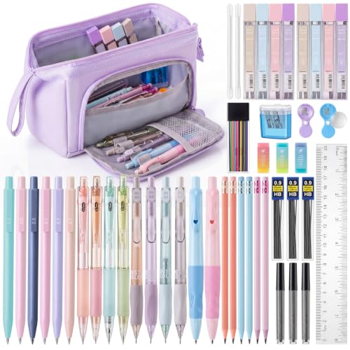 Eersida 47 Pcs Aesthetic School Supplies with Cute Pen Case, Mechanical Pencils 0.5mm, 0.7mm, 0.9mm & 2.0mm with Leads and Eraser Refills, Wood Pencils #2, for Writing, Drawing & Drafting(Purple) - color: Purple