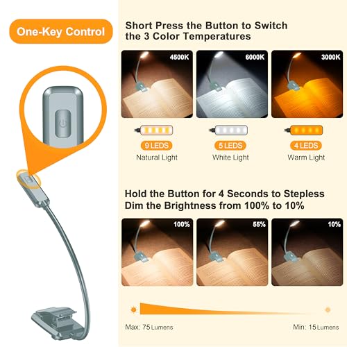Gritin 9 LED Rechargeable Book Light for Reading in Bed | Eye Caring 3 Color Temps,Stepless Dimming Brightness,80 Hrs Runtime Small Lightweight Clip On Book Reading Light-Pacific Blue - color: Pacific Blue