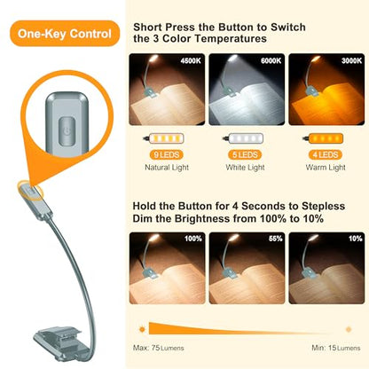 Gritin 9 LED Rechargeable Book Light for Reading in Bed | Eye Caring 3 Color Temps,Stepless Dimming Brightness,80 Hrs Runtime Small Lightweight Clip On Book Reading Light-Pacific Blue - color: Pacific Blue