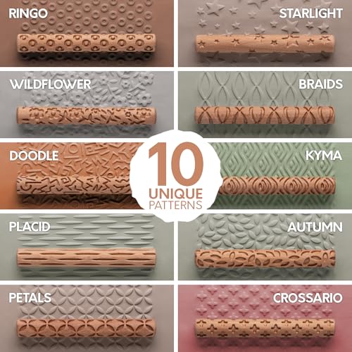 Byllstore Clay Texture Rollers | 10-Pack | 5 in x 0.65 in | Premium Wooden Pottery Tools | Set C - color: 10-Pack | 5" x 0.65" | SET C