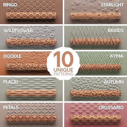 Byllstore Clay Texture Rollers | 10-Pack | 5 in x 0.65 in | Premium Wooden Pottery Tools | Set C - color: 10-Pack | 5" x 0.65" | SET C