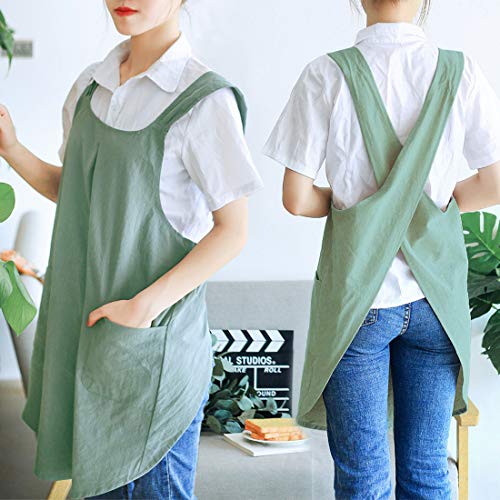 NEWGEM Japanese Cotton Linen Cross Back Cooking Apron for Women Men with Pockets Cute for Baking Kitchen - color: 01- Women's Mint Green