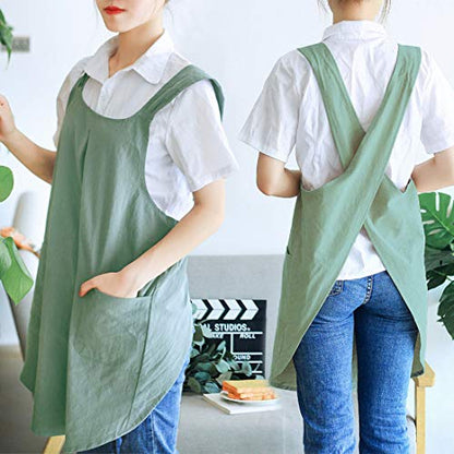 NEWGEM Japanese Cotton Linen Cross Back Cooking Apron for Women Men with Pockets Cute for Baking Kitchen - color: 01- Women's Mint Green