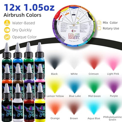 1/5HP Airbrush Kit with Compressor, Dual Air Brush Set with Paints | 12 Acrylic Paint Colors, 6 Siphon Bottles, Cleaning Tools and Mixing Wheel for Art, Craft, Model, Auto and T-Shirt Painting