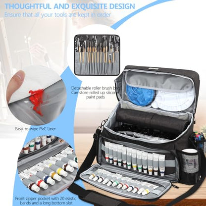 Acrylic Paint and Brush Set Organizer Bag - Carrying Case Compatible with Apple Barrel, Shuttle Art, Caliart Art Supplies - Includes Detachable Paint Brush Holder - for Home/Travel/Outdoor (Pro Black) - color: Pro Black