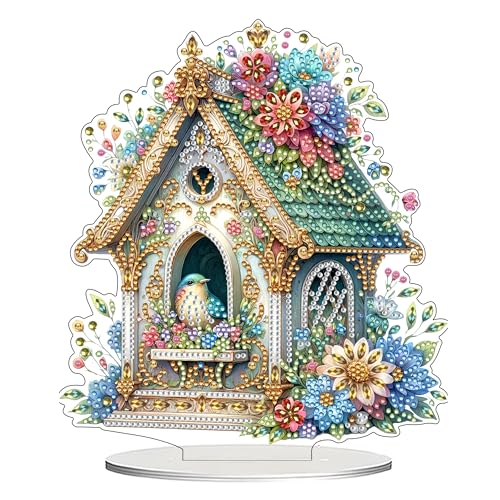 DIY Tabletop Diamond Art Kit for Adult – Gem Painting Art Desktop Ornament with Special Shaped Rhinestones, Acrylic Stand-Up Gem Craft for Home Décor & Gift Idea (Bird House2) - color: Bird House2