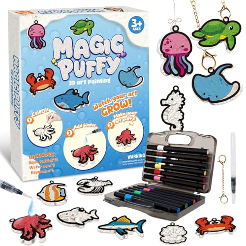 Artnedu 3D Art Kit-Magic Puffy Paint Kit,Ocean Theme,DIY Color Activity | Magic Puffy Keychain,15 Mess-Free Paint by Number Craft for Kids,Best Gift for Girls & Boys Age 4, 5, 6, 7, 8, 9, 10 - color: Ocean Puffy Painting Kits