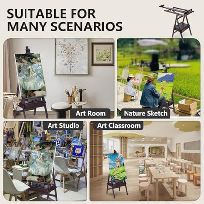 Beech Wood H-Frame Painting Easel with Storage Drawer, Walnut | Heavy-duty Studio Easel, Adjustable Height & Angle Floor Easel Stand, Holds 30"-50" Canvas, Foldable Artist Easel for Adults - color: Walnut