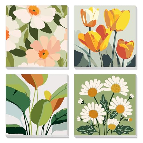 MXJSUA 4 Pack Flowers Green Plant Framed Paint by Numbers Kit with Canvas for Adults Beginner, DIY Acrylic Oil Painting Kits with Brushes for Home Wall Decor Gift (8x8 inch) - color: Flowers Green Plant