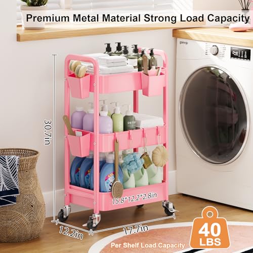 3 Tier Rolling Cart with Wheels, Metal Utility Storage Cart on Wheels, Craft Carts Organizer with Hanging Cups, Hooks, Three Tiered Rolling Carts for Bathroom, Laundry Room, Nursery, Office, Pink - color: Pink