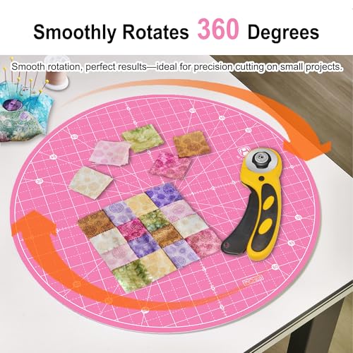 Headley Tools 13"x13" Round Rotating Cutting Mat, Self Healing Mat with 360-Degree Rotation & Anti-Slip Base, Sewing Board Cutting Mat Perfect for Fabric Quilting Leather Hobby Project, Pink - color: Pink, size: 13"L x 13"W