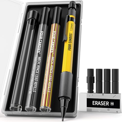 Four Candies 1.3mm Mechanical Pencil Set with 24 Lead Refills, Metal Weatherproof Heavy Duty Outdoor Carpenter Pencil, Eraser, 6 Eraser Refills for Architect Drafting Woodworking Marking with Case - size: 1-Pack, style: Yellow