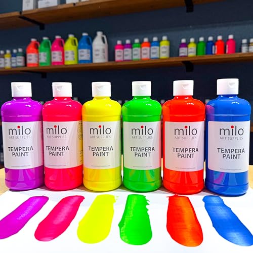 milo Fluorescent Washable Tempera Paint Set, 6 Neon UV Colors, 16oz Bottles | Glows UV in Black Light, Made in USA, Safe & Non-Toxic Paint for Arts & Crafts, Poster, Window, Classroom, School, Project - style: Fluorescent Tempera 6 x 16 oz