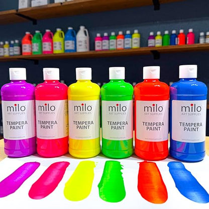 milo Fluorescent Washable Tempera Paint Set, 6 Neon UV Colors, 16oz Bottles | Glows UV in Black Light, Made in USA, Safe & Non-Toxic Paint for Arts & Crafts, Poster, Window, Classroom, School, Project - style: Fluorescent Tempera 6 x 16 oz