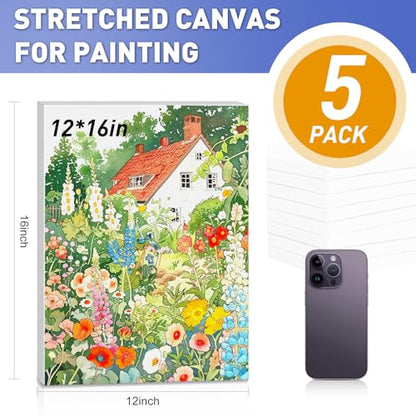 ESRICH 12x16 Stretched Canvas for Painting, 5 Pack Blank Canvases for Painting -5/8 in Profile Primed Cotton Painting Canvas for Oil & Acrylic Paint - size: 5Pack-12x16 Canvas