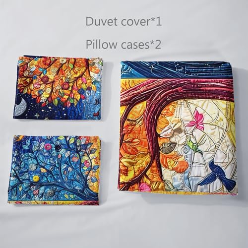 AILONEN Blue Gold Tree of Life Duvet Cover Set King,Sun and Moon Boho Bedding Set,3 Pieces Plant Tree Quilt Cover with 2 Pillowcases - color: S-tree of Life29, size: King