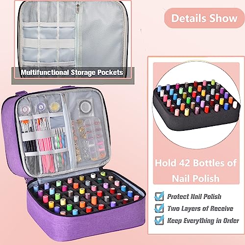 FCQQYWZ Nail Polish Organizer Case - Holds 42+ Bottles (15ml/0.5 fl.oz) and 1 Nail Lamp, Upgraded Double-layer Nail Polish Carrying Case Nail Polish Storage Bag with Handles (Purple) - color: Purple-42Bottles