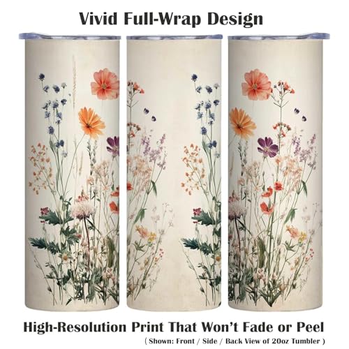 Firmiso 20 oz Tumbler | Skinny Insulated Travel Mug with Leak-proof Lid and Telescopic Straw | Wildflower Floral Stainless Steel Coffee Cup for Hot & Cold Drinks | Christmas Gifts for Women - color: Wildflower