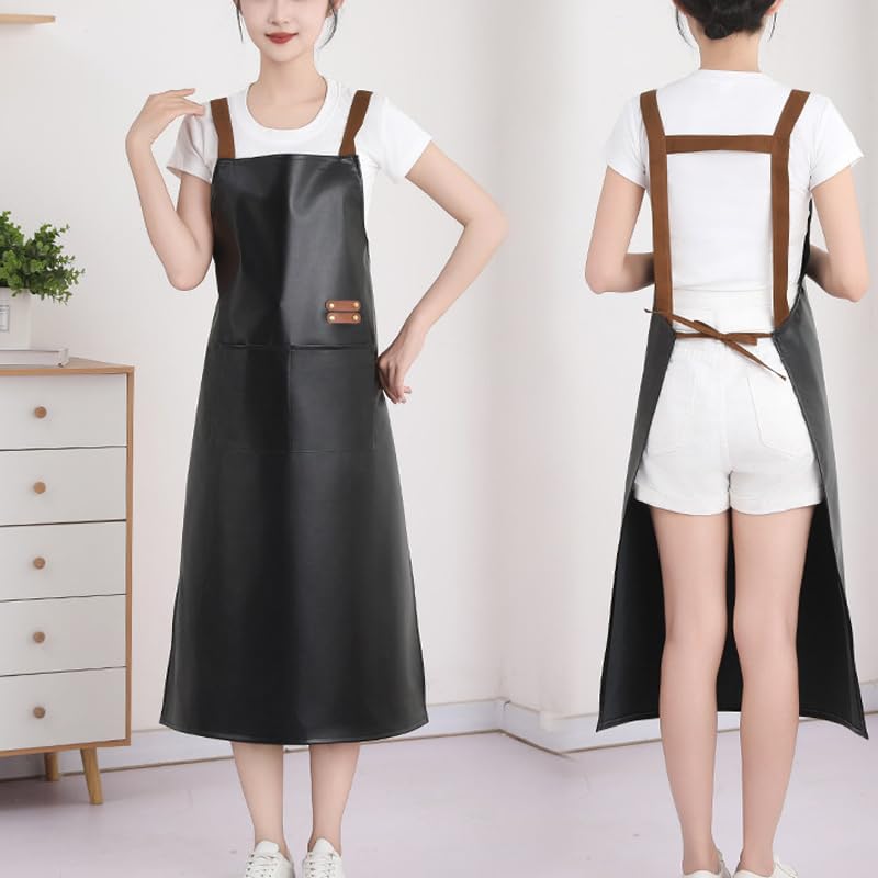 Waterproof Apron Large Pocket PU Material Waterproof Oil-proof Dust-proof Apron Black and Red - color: Black（long）