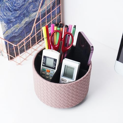 Round Leather Art Supply Organizer,Remote Control Holder,360 Degree Spinning,Multi-Functional Pencil Holder,4 Compartments Desktop Stationary Organizer(1-Weave Purple) - color: 1-Weave Purple