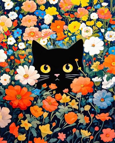 ZRIZQ Paint by Numbers Kit for Adults Beginner,Black Cat Flowers,16x20 | Full set with wooden brushes,rolled canvas,rich paints.Calming activity.Beginner friendly.Just open and paint. - color: 16"X20"Rolled Canvas(Frameless)-Cat 14
