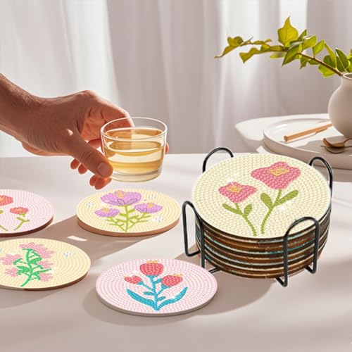 DOTSOPS 8 Pcs Flowers Diamond Art Coasters for Adults with Holder 4 in - color: Flowers-A