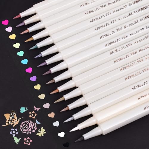 SAYEEC Metallic Brush Pens 15 Colors Art Metallic Markers Soft Brush Tip Calligraphy Paint Pens for Black Paper Rock Painting Card Making Wine Glass Easter Egg DIY Album Scrapbook Crafts - color: 15 Colors Brush Tip