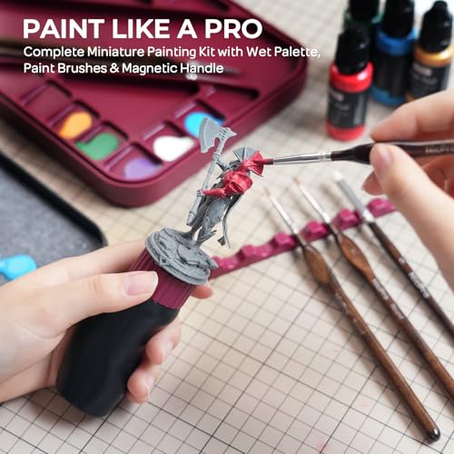 Nicpro Miniature Painting Kit with Wet Palette, Painting Handle & Brushes | Miniature Painting Handle, 11PCS Detail Paint Brushes Drybrush, 50PCS Wet Pallet Paper, 2PCS Sponge, Brush Holder - color: Red & Black