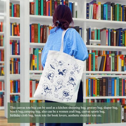 Canvas Aesthetic Tote Bag for Women with Inner Pocket Totes Shoulder Book Bag Shopping Reusable Grocery Bags - color: Dogs in Space