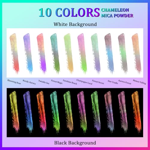 Matio Chameleon Mica Powder, 10 * 5g Chrome Powder, Pearlescent Effect | Color Shift Pigment, Mica Powder Set for Epoxy Resin, Soap Candle Dye, Nail Art,DIY Bath Bombs, Painting, Slime Pigment - color: 10 Colors Colorful