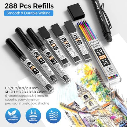 Nicpro 6PCS Art Mechanical Pencil Set,HD1000 Mechanical Drawing Pencils - style: 0.5,0.7,0.9,2.0mm(6 Pcs)