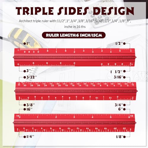 Fumete 12 Pack 6 Inch Architectural Engineering Scale Rulers Small Scale Ruler Pocket Size Scale Ruler Construction Rulers Imperial Measurements for Architects Engineering, Draftsman Drawing(Red) - color: Red