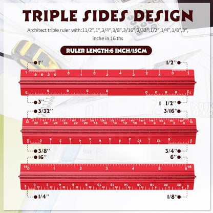Fumete 12 Pack 6 Inch Architectural Engineering Scale Rulers Small Scale Ruler Pocket Size Scale Ruler Construction Rulers Imperial Measurements for Architects Engineering, Draftsman Drawing(Red) - color: Red