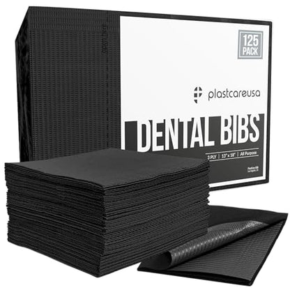 PlastCare USA Disposable Dental Bibs 13"x18" (125 Pack) - 3 Ply Waterproof Tattoo Bib Sheet for Patients - Dentist or Medical Tray Cover and Nail Table Cover Supplies, Black - color: Black