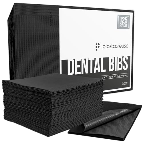PlastCare USA Disposable Dental Bibs 13"x18" (125 Pack) - 3 Ply Waterproof Tattoo Bib Sheet for Patients - Dentist or Medical Tray Cover and Nail Table Cover Supplies, Black - color: Black
