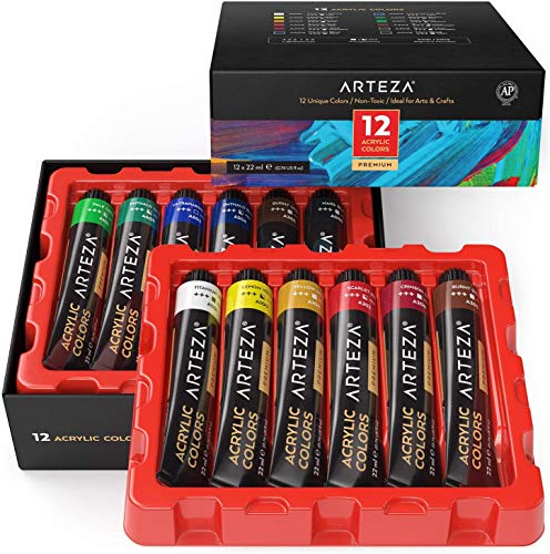 ARTEZA Acrylic Paint Set, 12 Colors, 22 ml / 0.74 oz Tubes, High-Viscosity