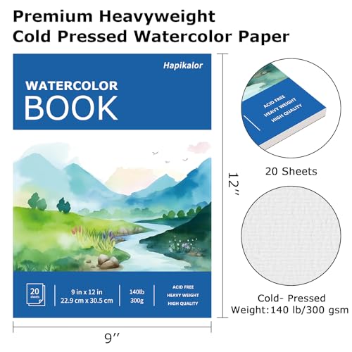 Hapikalor Watercolor Paper Pad, 9"x12" 140lb/300gsm Artist Drawing Sketch Book, Paper Pad, Art Journal, Arts and Crafts Supplies for Adults Kids, Paint Set, Colors, Canvas Painting, Watercolors, Blue | Artist Painting Drawing Paper Book, Art Supplies for