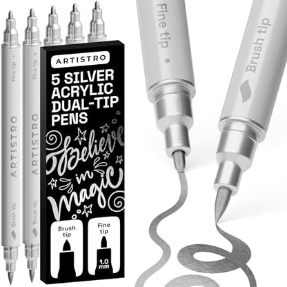 ARTISTRO 5 Silver Dual-Tip Acrylic Paint Marker Pens for Drawing | For Fabric, Rock, Glass, Wood, & Molds, Arts & Crafts Gift for Adults, Teens, & Kids, Classroom Must Haves & School Supplies