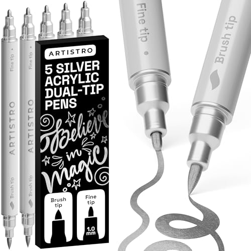 ARTISTRO 5 Silver Dual-Tip Acrylic Paint Marker Pens for Drawing | For Fabric, Rock, Glass, Wood, & Molds, Arts & Crafts Gift for Adults, Teens, & Kids, Classroom Must Haves & School Supplies