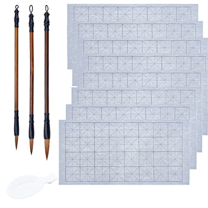 PH PandaHall 12pcs Chinese Calligraphy Set, 8pcs Water Writing Cloth Paper 3 Styles Traditional Calligraphy Brushes Water Dish for Chinese New Year Calligraphy Practice Japanese Sumi Drawing Painting - color: Grey