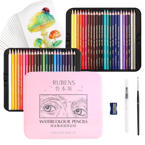 rubens 71 PCS Artist Watercolor Pencils Kit for Adult Drawing | 48 Colors Soft Core Watercolor Pencils In Metal Box with Brush, Water Brush Pen, Sharpener, 20 Sheets Hot Pressed Papers - size: 1 Count (Pack of 71)
