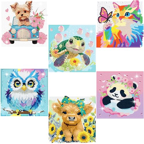 Diamond Art Kits for Kids - 6 Pack 5D Diamond Painting Kits - Arts and Crafts for Kids Ages 8-12 - Full Drill Cute Animals Dimond Art Painting Kits - DIY Big Gem Art - Home Wall Decor Gifts 6x6 Inch